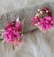 Load image into Gallery viewer, Hot Pink school formal / prom set - bangle corsage, buttonhole &amp; hair pin
