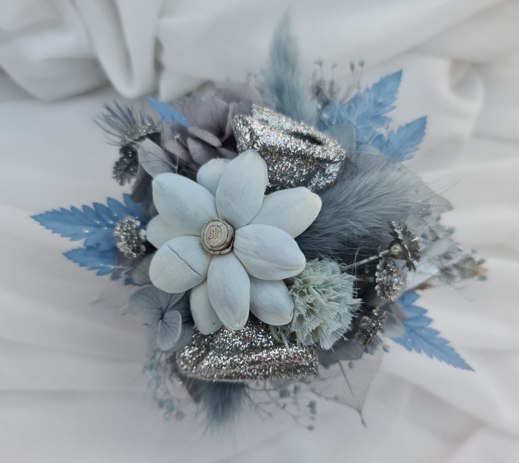 Blue & silver school formal/prom wedding everlasting flowers silver bangle corsage