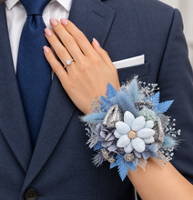 Load image into Gallery viewer, Blue &amp; silver school formal/prom wedding everlasting flowers silver bangle corsage
