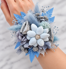 Load image into Gallery viewer, Blue &amp; silver school formal/prom wedding everlasting flowers silver bangle corsage
