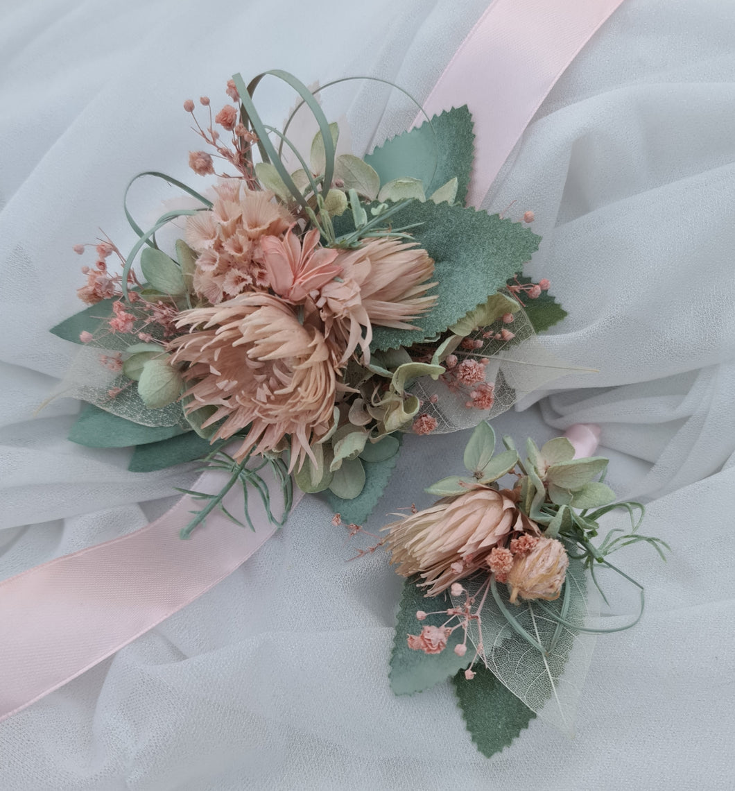 Blush pink & sage green school formal / prom wedding set corsage & buttonhole