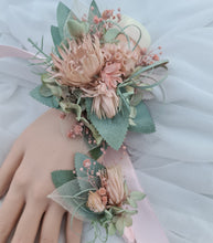 Load image into Gallery viewer, Blush pink &amp; sage green school formal / prom wedding set corsage &amp; buttonhole
