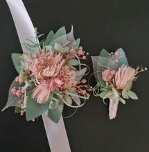 Load image into Gallery viewer, Blush pink &amp; sage green school formal / prom wedding set corsage &amp; buttonhole
