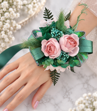 Load image into Gallery viewer, Emerald green &amp; blush pink school formal / prom wedding corsage
