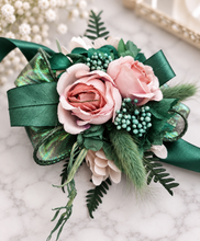 Load image into Gallery viewer, Emerald green &amp; blush pink school formal / prom wedding corsage
