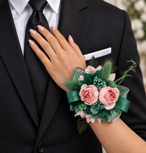 Load image into Gallery viewer, Emerald green &amp; blush pink school formal / prom wedding corsage
