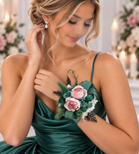 Load image into Gallery viewer, Emerald green &amp; blush pink school formal / prom wedding corsage
