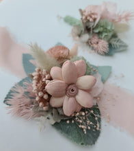 Load image into Gallery viewer, Everlasting flowers sage &amp; blush pink school formal / prom wedding set corsage &amp; buttonhole
