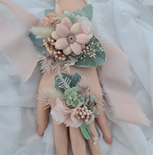 Load image into Gallery viewer, Everlasting flowers sage &amp; blush pink school formal / prom wedding set corsage &amp; buttonhole
