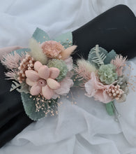 Load image into Gallery viewer, Everlasting flowers sage &amp; blush pink school formal / prom wedding set corsage &amp; buttonhole

