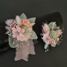 Load image into Gallery viewer, Everlasting flowers sage &amp; blush pink school formal / prom wedding set corsage &amp; buttonhole
