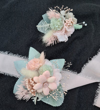 Load image into Gallery viewer, Everlasting flowers sage &amp; blush pink school formal / prom wedding set corsage &amp; buttonhole
