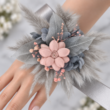 Load image into Gallery viewer, Super fluffy grey &amp; blush pink everlasting flowers – school formal / prom corsage
