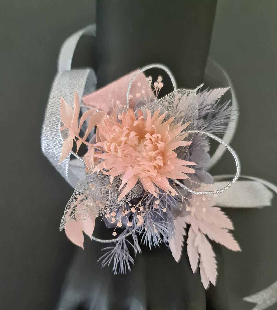 Sparkling grey, silver & blush everlasting flowers – school formal / prom corsage