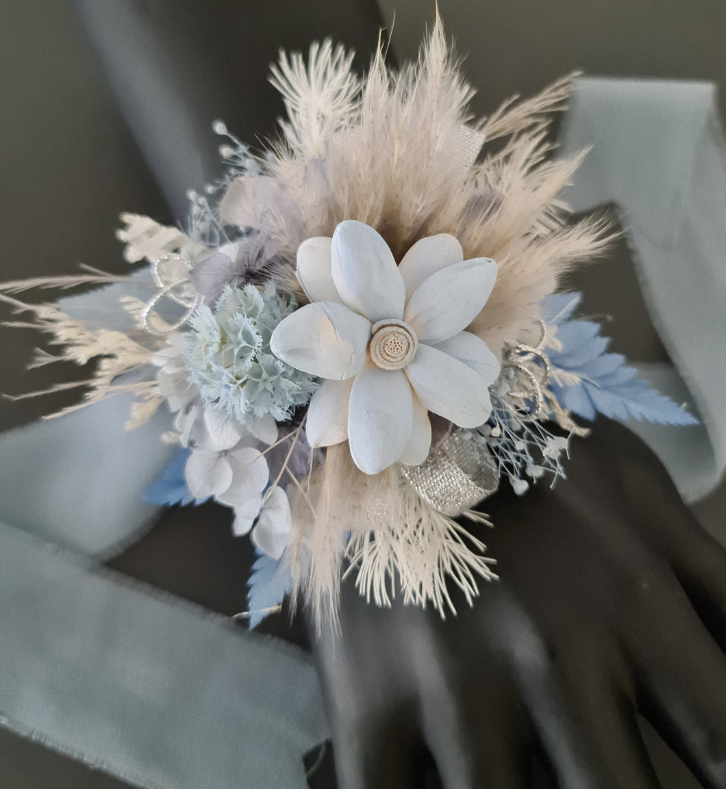 Soft blue grey & silver everlasting flowers school formal / prom / graduation corsage