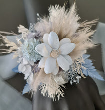 Load image into Gallery viewer, Soft blue grey &amp; silver everlasting flowers school formal / prom / graduation corsage
