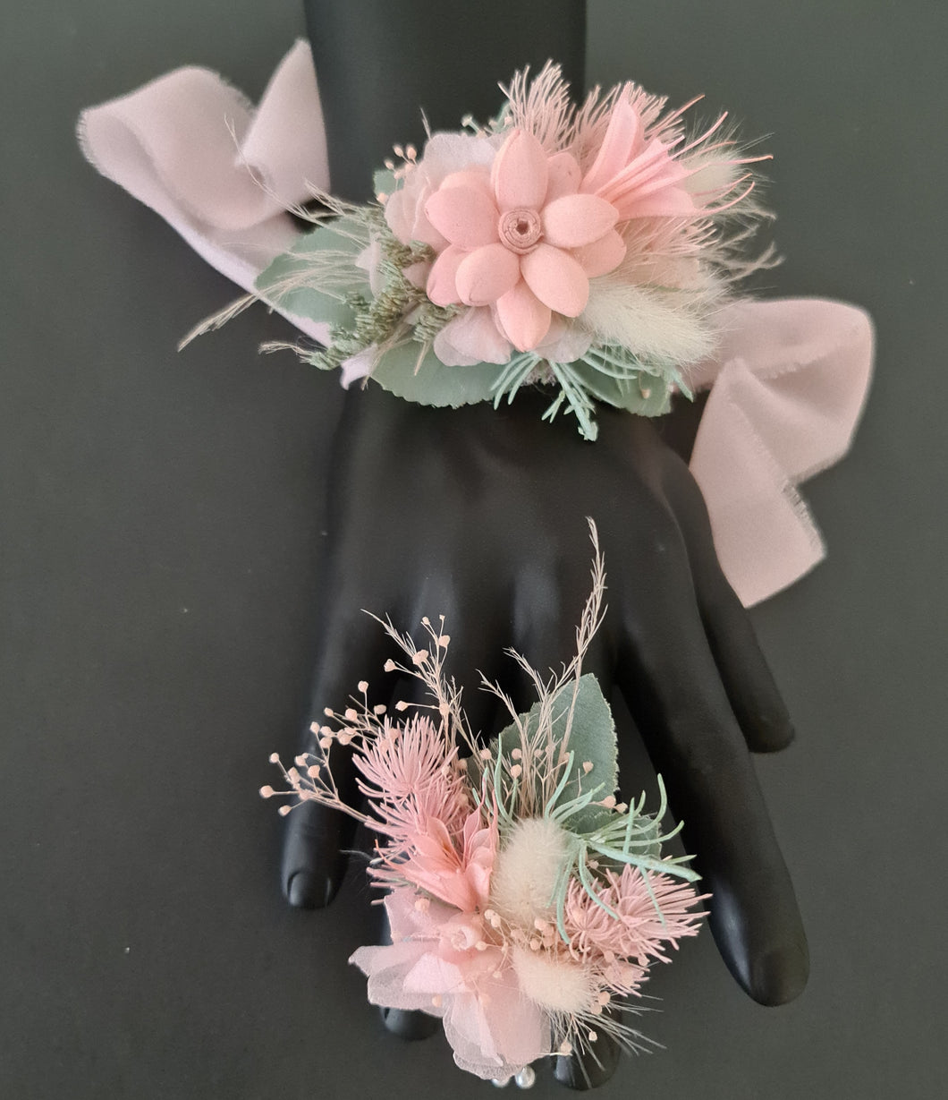 School formal set - corsage & buttonhole in sage & blush colours