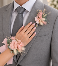 Load image into Gallery viewer, School formal set - corsage &amp; buttonhole in sage &amp; blush colours
