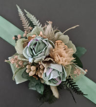 Load image into Gallery viewer, Antique gold &amp; green everlasting flowers corsage – school formal, prom, wedding
