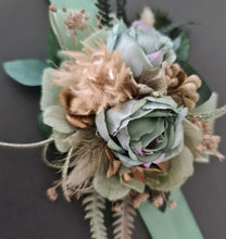 Load image into Gallery viewer, Antique gold &amp; green everlasting flowers corsage – school formal, prom, wedding
