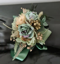Load image into Gallery viewer, Antique gold &amp; green everlasting flowers corsage – school formal, prom, wedding
