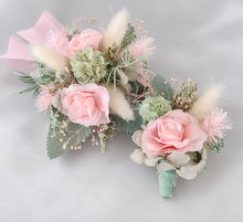 Load image into Gallery viewer, School formal set - corsage &amp; buttonhole in sage, olive green &amp; blush colours
