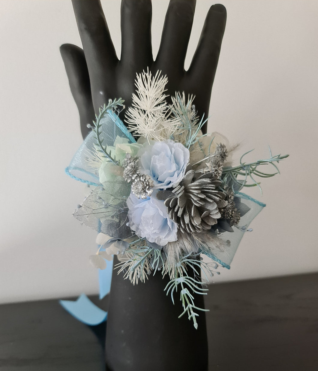 Blush blue & silver everlasting flowers corsage – school formal, prom, wedding