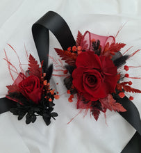 Load image into Gallery viewer, Burgundy &amp; black preserved flowers corsage &amp; buttonhole – school formal, prom, wedding
