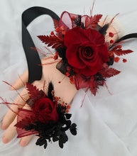 Load image into Gallery viewer, Burgundy &amp; black preserved flowers corsage &amp; buttonhole – school formal, prom, wedding
