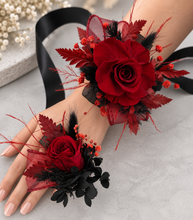 Load image into Gallery viewer, Burgundy &amp; black preserved flowers corsage &amp; buttonhole – school formal, prom, wedding
