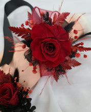 Load image into Gallery viewer, Burgundy &amp; black preserved flowers corsage &amp; buttonhole – school formal, prom, wedding
