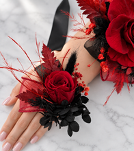 Load image into Gallery viewer, Burgundy &amp; black preserved flowers corsage &amp; buttonhole – school formal, prom, wedding

