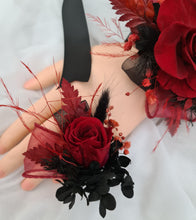 Load image into Gallery viewer, Burgundy &amp; black preserved flowers corsage &amp; buttonhole – school formal, prom, wedding
