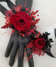 Load image into Gallery viewer, Burgundy &amp; black preserved flowers corsage &amp; buttonhole – school formal, prom, wedding
