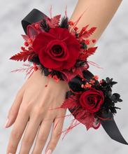 Load image into Gallery viewer, Burgundy &amp; black preserved flowers corsage &amp; buttonhole – school formal, prom, wedding

