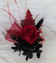 Load image into Gallery viewer, Burgundy &amp; black preserved flowers corsage &amp; buttonhole – school formal, prom, wedding
