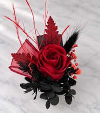 Load image into Gallery viewer, Burgundy &amp; black preserved flowers corsage &amp; buttonhole – school formal, prom, wedding
