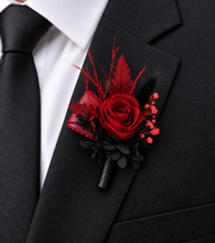 Load image into Gallery viewer, Burgundy &amp; black preserved flowers corsage &amp; buttonhole – school formal, prom, wedding
