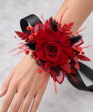Load image into Gallery viewer, Burgundy &amp; black preserved flowers corsage &amp; buttonhole – school formal, prom, wedding
