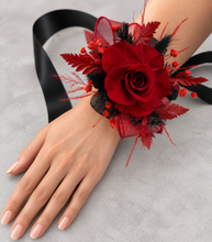 Load image into Gallery viewer, Burgundy &amp; black preserved flowers corsage &amp; buttonhole – school formal, prom, wedding
