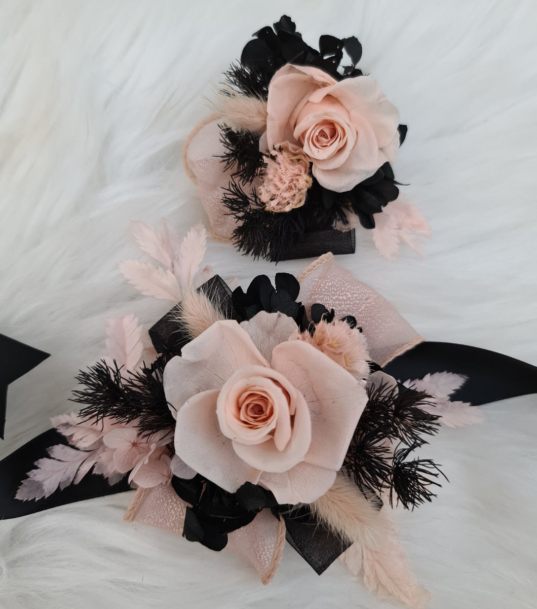 Blush pink & black preserved flowers corsage & buttonhole – school formal, prom, wedding