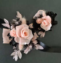 Load image into Gallery viewer, Blush pink &amp; black preserved flowers corsage &amp; buttonhole – school formal, prom, wedding
