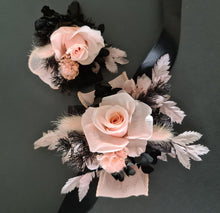 Load image into Gallery viewer, Blush pink &amp; black preserved flowers corsage &amp; buttonhole – school formal, prom, wedding
