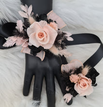Load image into Gallery viewer, Blush pink &amp; black preserved flowers corsage &amp; buttonhole – school formal, prom, wedding
