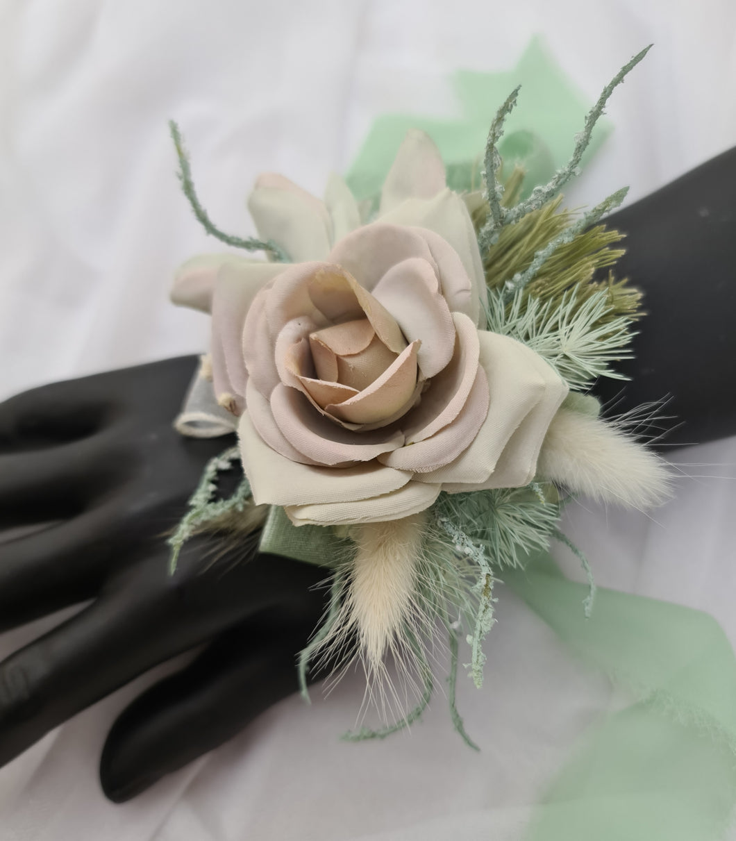 Simple sage green everlasting flowers corsage – school formal, prom, wedding