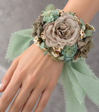 Load image into Gallery viewer, Unique sage green &amp; sand colours everlasting flowers corsage – school formal, prom, wedding
