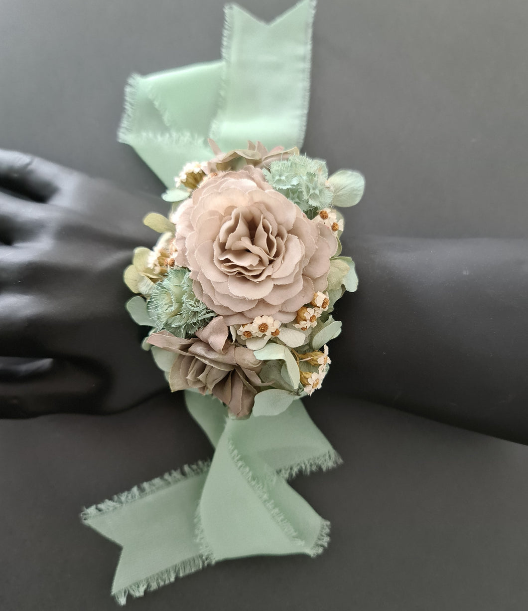 Unique sage green & sand colours everlasting flowers corsage – school formal, prom, wedding
