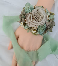 Load image into Gallery viewer, Unique sage green &amp; sand colours everlasting flowers corsage – school formal, prom, wedding
