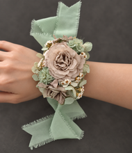 Load image into Gallery viewer, Unique sage green &amp; sand colours everlasting flowers corsage – school formal, prom, wedding
