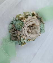 Load image into Gallery viewer, Unique sage green &amp; sand colours everlasting flowers corsage – school formal, prom, wedding
